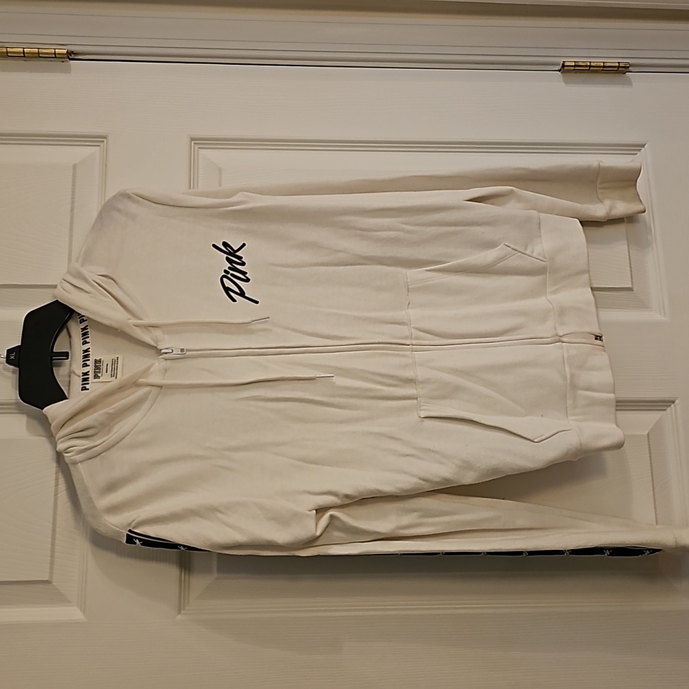 Pink White Hooded Zipper Jacket